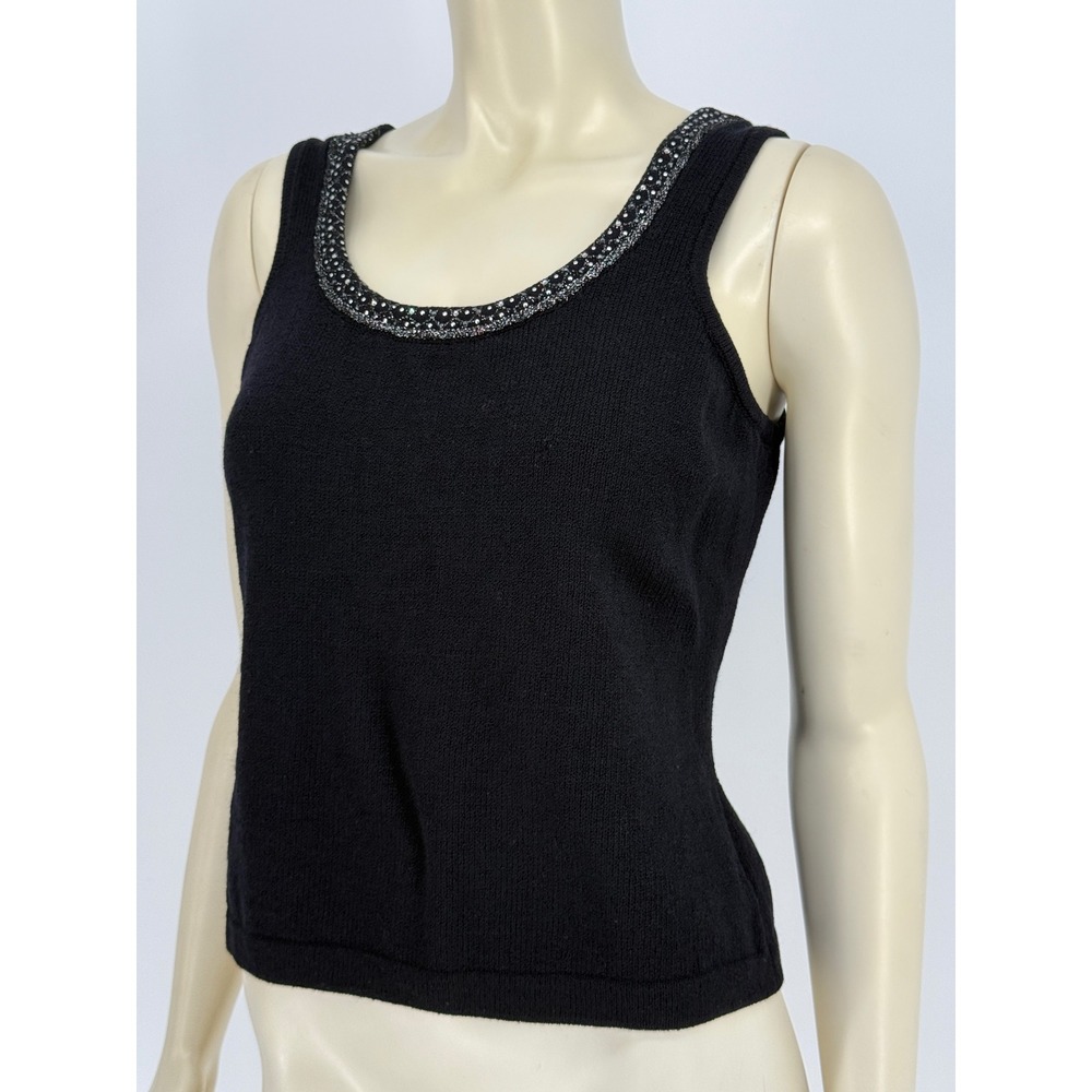 St John Evening Marie Gray Beaded Knit Tank Shell Top S‎ Black Flaw Hole USA